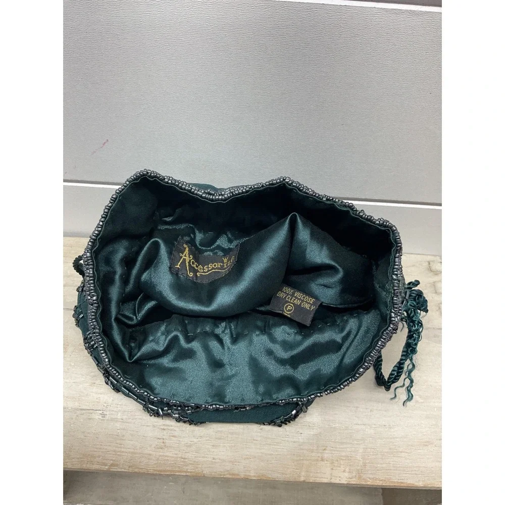 Accessorize Dark Green Beaded Leaf Drawstring Evening Pouch Bag Viscose